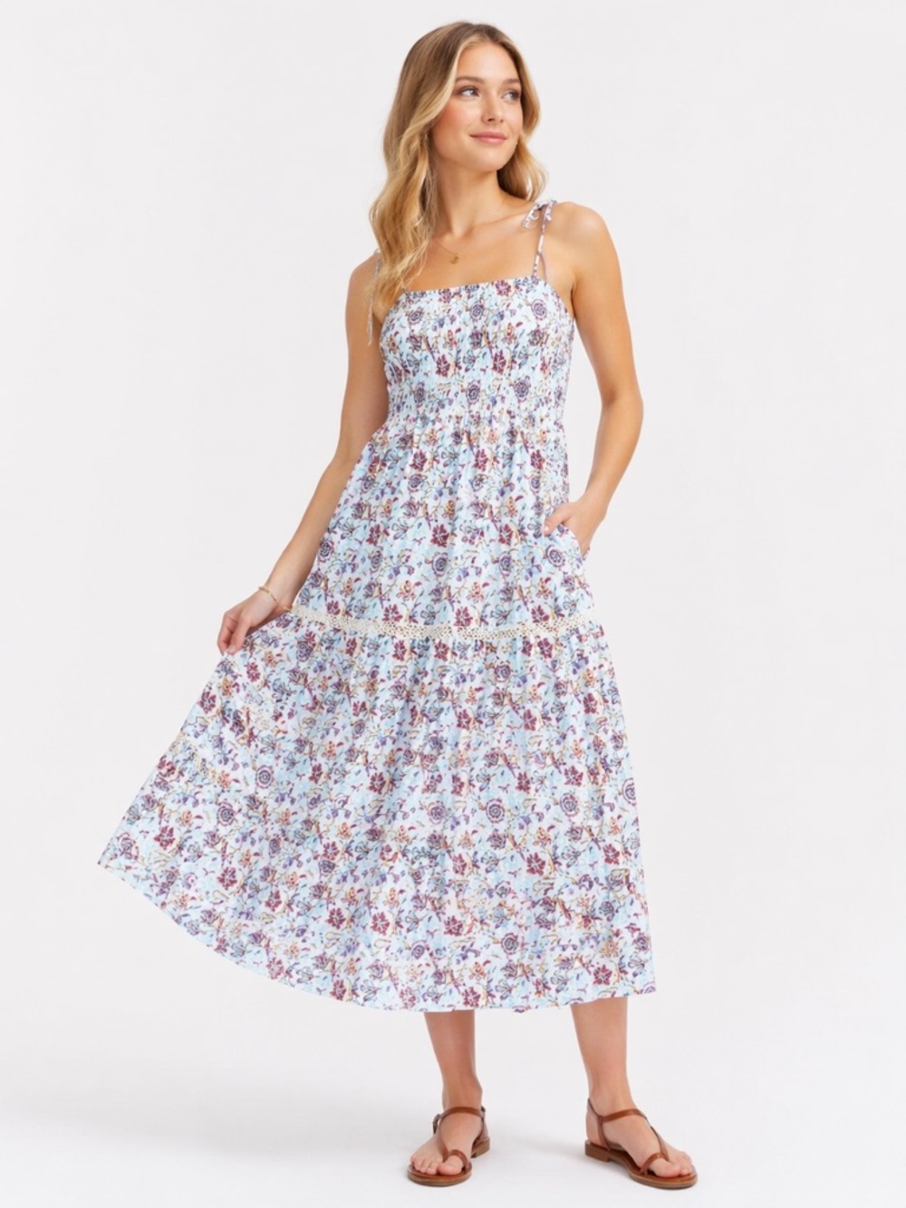 Roller Rabbit White Floral Maxi Dress with Blue and Pink Accents